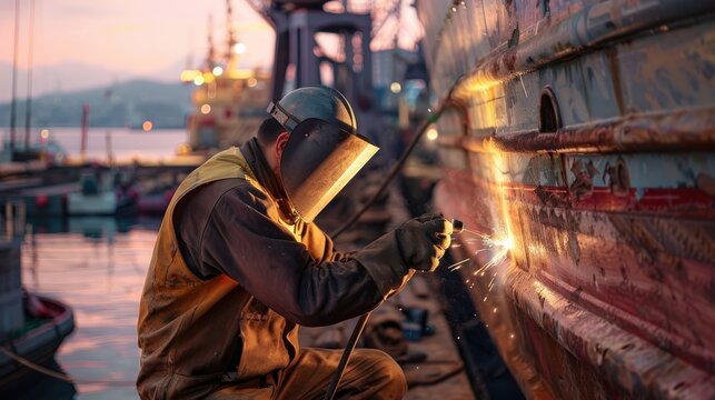 A shipbuilder carefully welds sections of a ship's hull as the sun sets over the harbor, creating sparks in a bustling maritime environment
