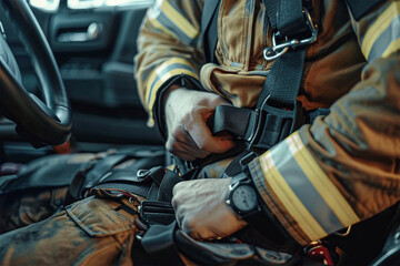 Fire fighter fastened his seatbelt. Going to work in an emergency. Closeup shot.