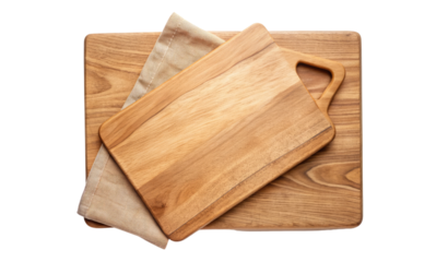 Wooden cutting boards with a fabric napkin isolated on a transparent background