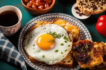 Fried Egg on Toast with Jam and Beans