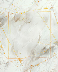 an abstract, irregular gold geometric frame on a light marble-textured background with subtle splashes of gold