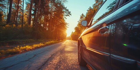 Obraz premium Car parked on a forest road with sunset in the background.