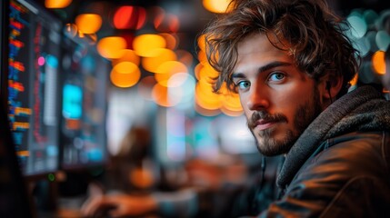 Obraz premium Young man analyzing data on multiple screens. Young man with headphones, looking at multiple computer screens displaying data, in a modern workspace with colorful lights.