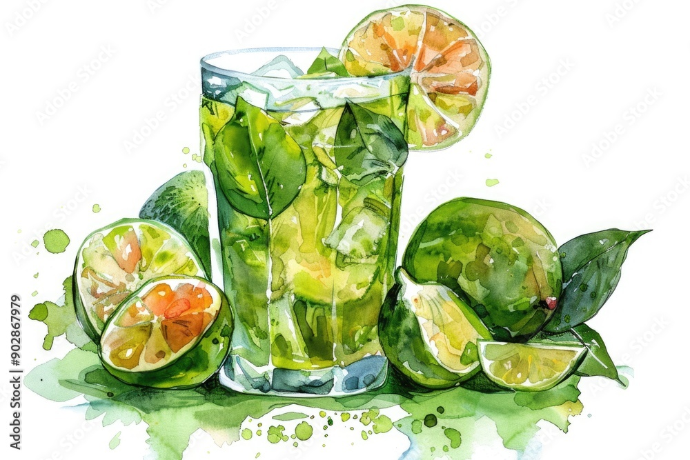 Poster exotic herbal drink. hand-drawn watercolor illustration of fresh organic garcinia cambogia tincture