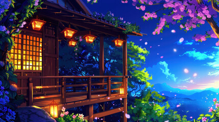 Cozy wooden balcony adorned with lanterns, surrounded by blooming flowers and greenery, showcasing a serene twilight landscape