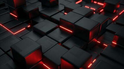 Abstract Black Cubes with Red Neon Lights.