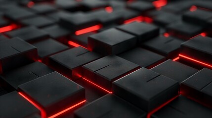Fototapeta premium Abstract Black Cubes with Red Neon Lights.