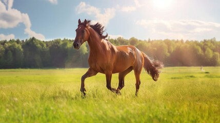 Fototapeta premium A majestic brown horse gallops through a sunlit meadow.