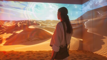 Young woman is immersed in a captivating digital art exhibition, experiencing the beauty and vastness of a projected desert landscape