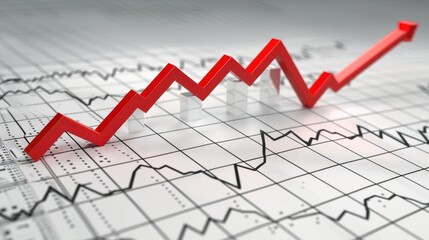 Red arrow is growing on a statistical chart, representing a positive trend in a financial market. This image could be useful for illustrating business growth