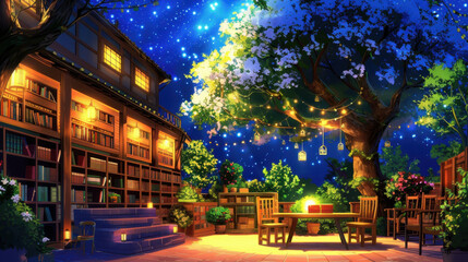 Fototapeta premium Cozy outdoor reading nook illuminated by warm lights, surrounded by blooming flowers and a starry night sky with a scenic library