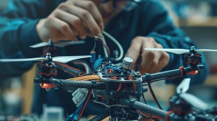 A technician meticulously connects wires and components while assembling a drone in a well-lit workshop