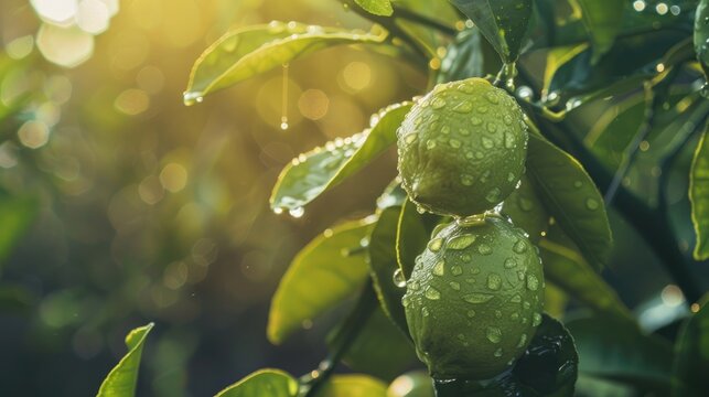 Selective focus on water drops on green lemon on tree with fresh morning light adding dramatic and vintage styles to a natural background