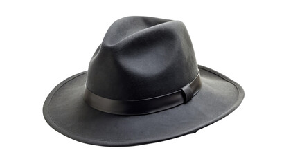 Stylish black fedora hat with a ribbon band isolated on a transparent background