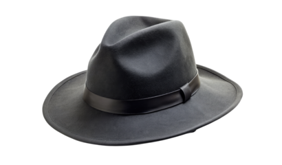 Stylish black fedora hat with a ribbon band isolated on a transparent background