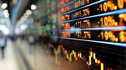 Electronic stock market data is displayed on a screen with graphs and percentages, while investors walk by in the background