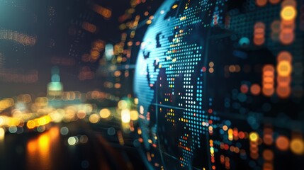 Obraz premium Pixelated globe is rotating on a black background with the lights of a big city out of focus in the background. This illustration evokes the concept of global communication