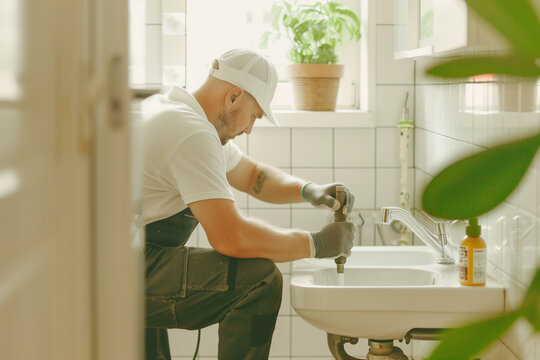 Professional plumber repairing bathroom sink pipes: kneeling handyman in work uniform, home maintenance service