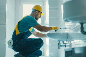 Professional plumber repairing bathroom sink pipes: kneeling handyman in work uniform, home maintenance service