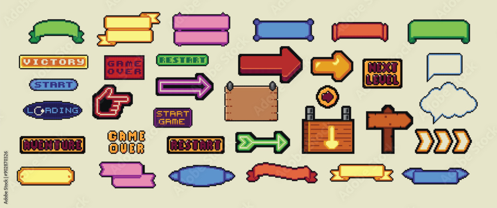 Fototapete Pixel art frames. Retro 8 bit buttons, arrows, speech bubble messages, food and quote frame. Game UI vector template set of pixel game frame, 8 bit message illustration