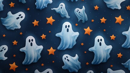 happy Halloween card with watercolor stars and ghosts, boho style,