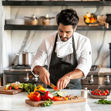 Elegant private chef slicing fresh vegetables on a marble countertop, professional attire
