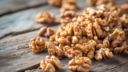 A pile of fresh walnut kernels scattered on a rustic wooden surface