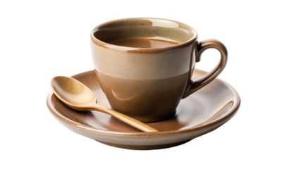 Elegant coffee cup and saucer set in beige tones isolated on a transparent background