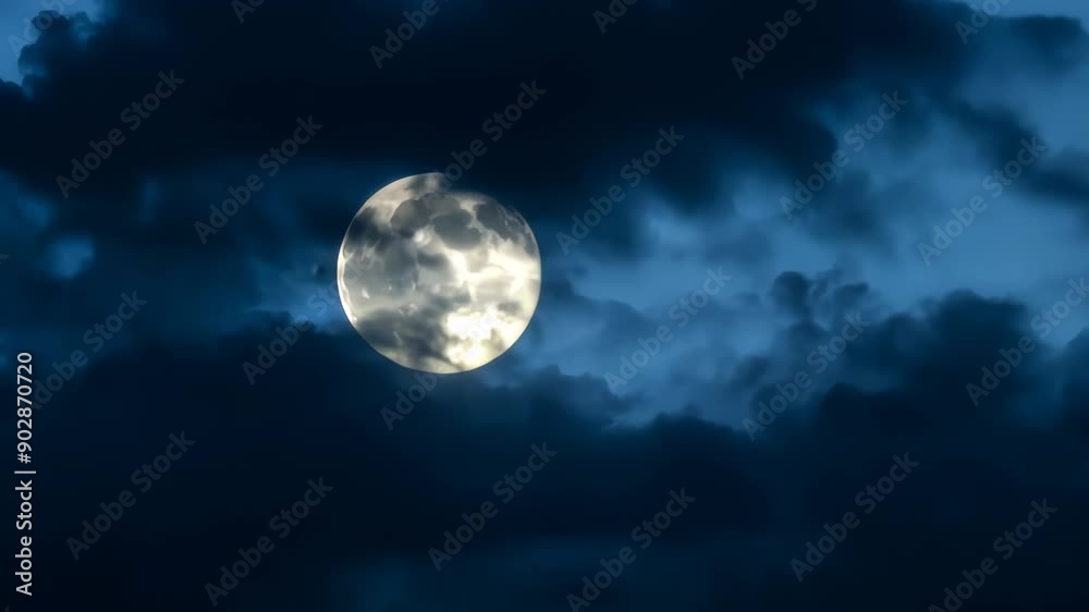 Wall mural full moon glowing through dark clouds at