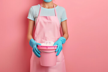 Cleaning lady wearing pink apron and blue gloves holding bucket full of house cleaning equipment: domestic chores, housekeeping, hygiene maintenance, tidy home