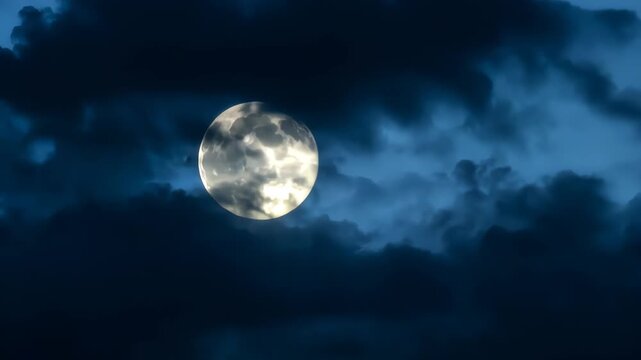 Full moon glowing through dark clouds at