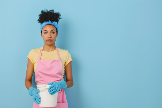 House cleaner in pink apron and blue gloves with bucket of cleaning supplies: professional maid service, spotless home, household sanitation, cleaning tools