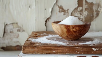 Sugar filled wooden bowl on white table s wooden plank