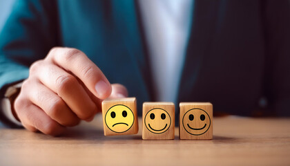 Hand chooses with sad smile face emoticon icons on Wooden Cube , good feedback rating for customer review survey