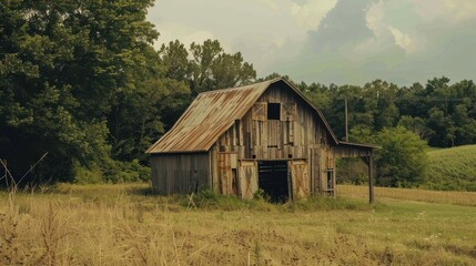 Obraz premium Old rustic barn with weathered wood and a rusty tin roof is standing in a field with trees in the background showing fall colors