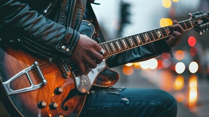 Naklejka premium Musician passionately plays an acoustic guitar on stage, creating beautiful melodies with a capo
