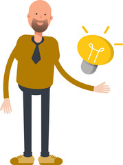 Bald Businessman Character and Light Bulb
