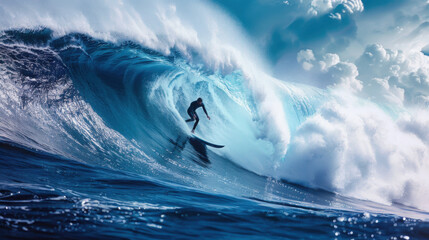 Obraz premium A surfer skillfully maneuvers through a gigantic ocean wave, capturing the thrill and beauty of surfing in action.