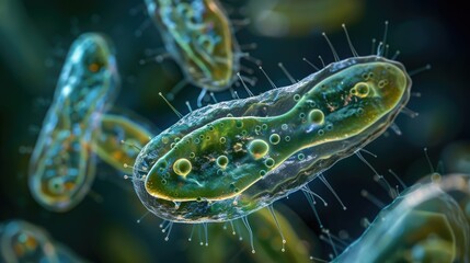 Obraz premium Paramecium bursaria with symbiotic algea differential interference contrast DIC focus to macronucleus oral apparatus mouth field symbiotic algea extrusomes