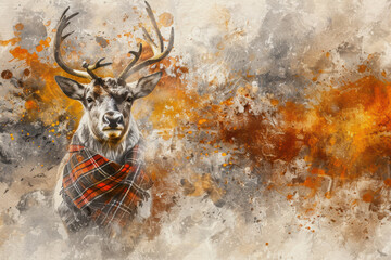 Vibrant Watercolour style Christmas theme illustration of a reindeer, with a tartan scarf round its neck. Great for social media and greeting cards