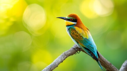 Fototapeta premium Colorful bird perched on a branch, set against a soft green background