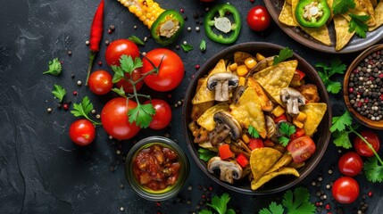 Vegetarian dish fried potatoes with mushrooms Dinner fried potatoes with mushrooms tomatoes cheese jalapenos and nachos