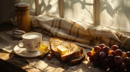 Fototapeta premium Brazilian breakfast under window light Grapes coffee cup and sliced bread with butter