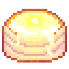 "Pixel Pancakes: Stack of Sweetness" This pixel art icon depicts a stack of delicious pancakes, complete with syrup and butter, rendered in a charming retro style.