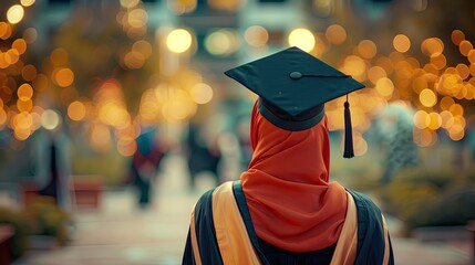 woman in hijab facing away wearing a cap and graduation gown symbolizing academic achievement and diverse cultural identity