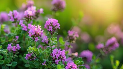 Medicinal and food herb Thymus serpyllum Breckland thyme Breckland wild thyme creeping thyme or elfin thyme blossoms close up Natural medicine Culinary ingredient and fragrant spice in habitat