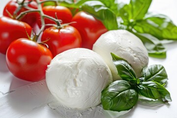 Fresh Italian Mozzarella Cheese with Tomatoes and Basil. Delicious Vegetarian Meal