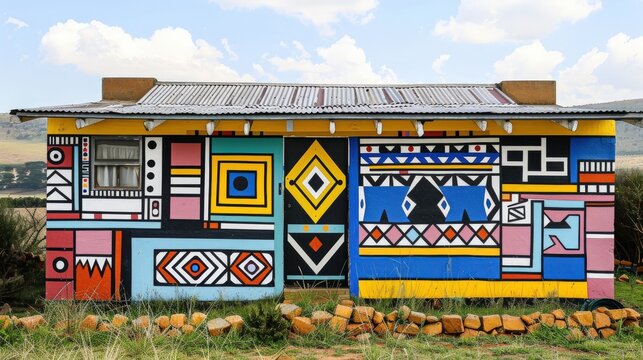 A beautifully painted Ndebele mural on a house, showcasing intricate geometric patterns against a backdrop of natural beauty