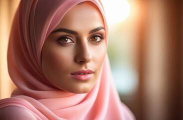 attractive Muslim female in pink hijab with thoughtful expression. indoor portrait of young woman