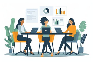 Collaborative Strategy Session: Three diverse businesswomen engage in a productive meeting, focused on charts and graphs, showcasing the power of teamwork and analysis. The image is vibrant, emphasizi